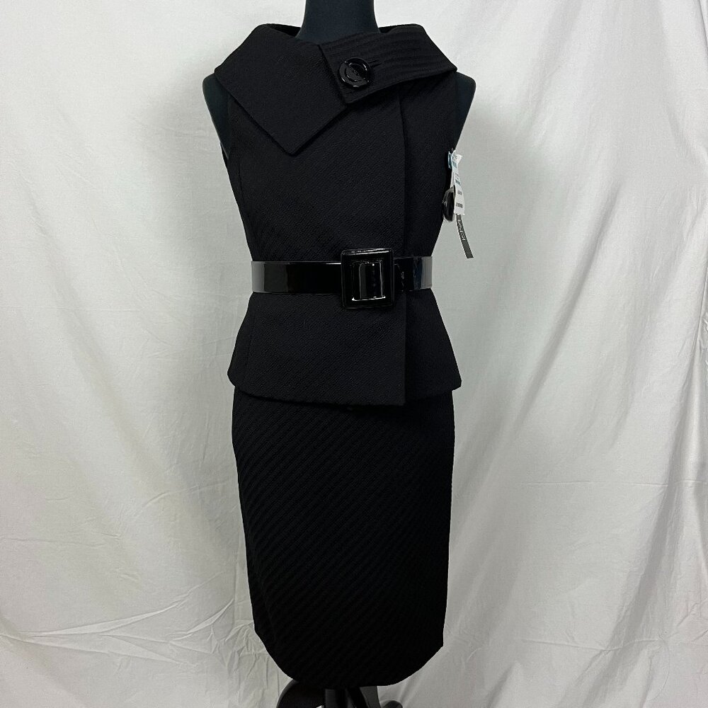 NWT Tahari 2 Pc Matching Black Corporate Skirt Suit Set Sleeveless Belt Size 10